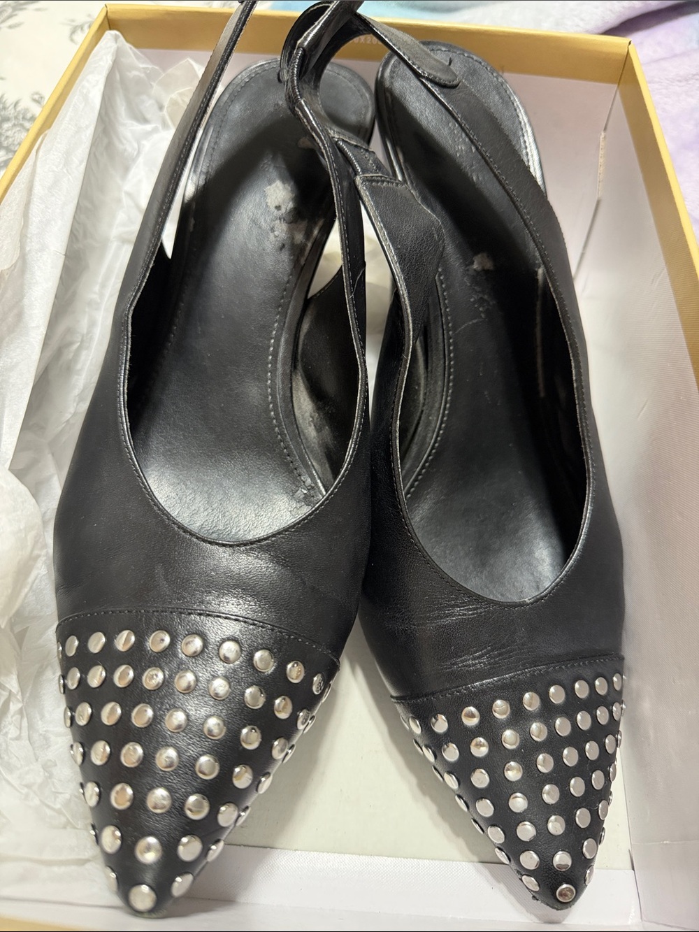 Michael Kors Black Pointed Slingback Heels with Silver Studs